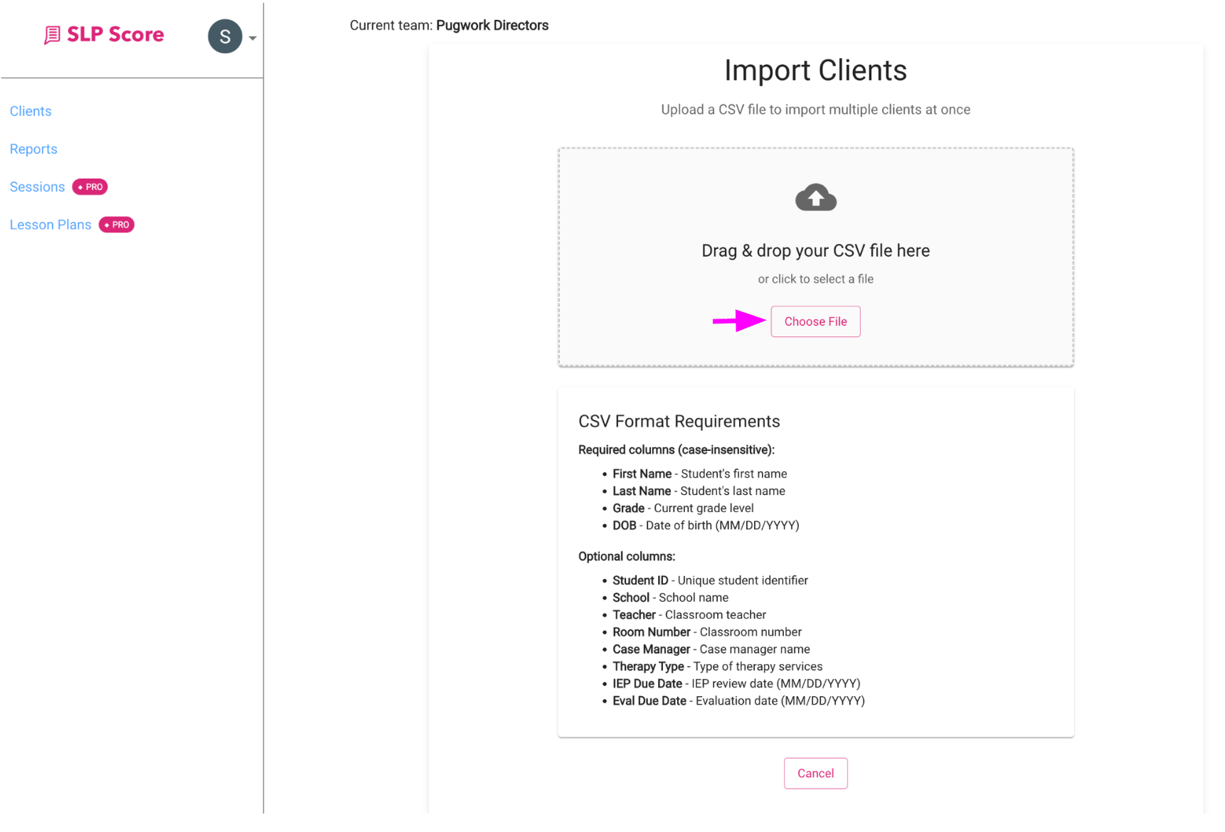 Import clients button